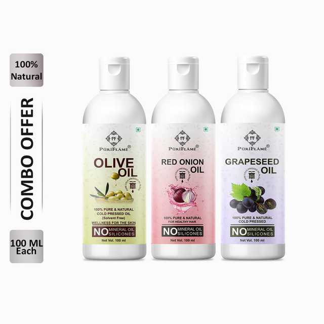 PuriFlame Pure Olive Oil (100 ml) & Red Onion Oil (100 ml) & Grapeseed Oil (100 ml) Combo For Rapid Hair Growth (Pack Of 3) (B-6290)