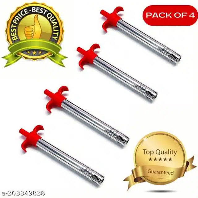 Stainless Steel Gas Lighters (Silver & Red, Pack of 4)