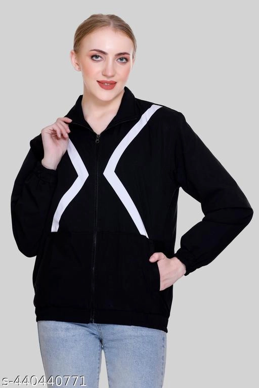 Nylon Solid Jackets for Women (Black & White, M)