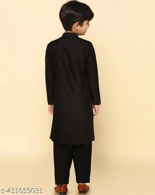 Cotton Solid Kurta with Pyjama for Boys (2-3 Years, Black)