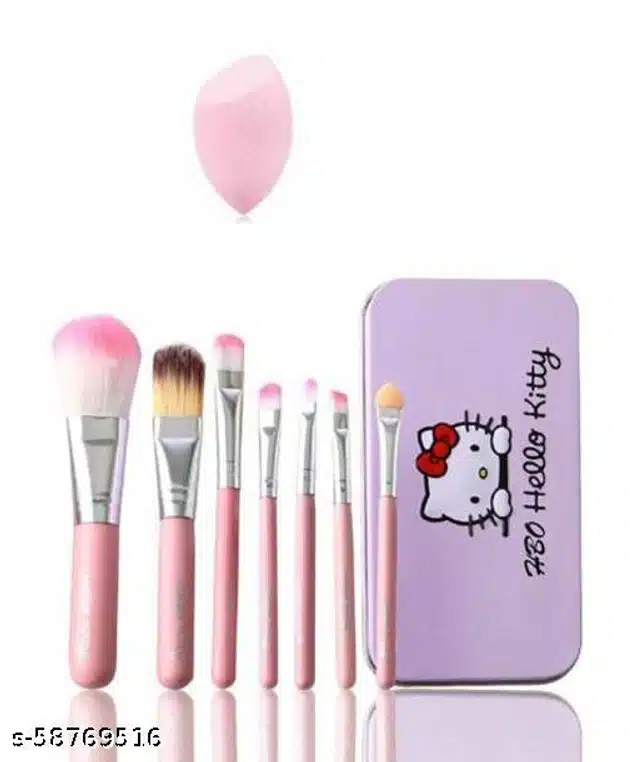 Premium Hello Kitty Makeup Brushes (7 Pcs) with Blender (Multicolor, Set of 2)