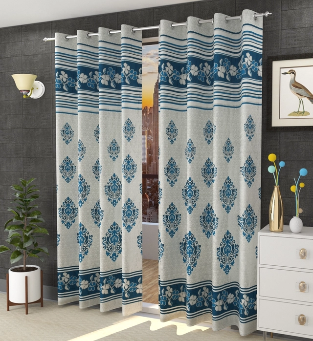 Jacquard Printed Window & Door Curtains (Blue, 5 feet) (Pack of 2)