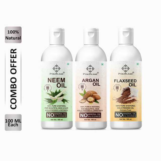 PuriFlame Pure Neem Oil (100 ml) & Argan Oil (100 ml) & Flaxseed Oil (100 ml) Combo For Rapid Hair Growth (Pack Of 3) (B-5712)