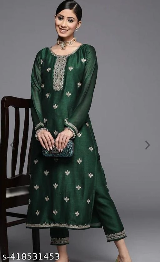 Silk Blend Embroidered Kurti for Women (Green, XS)