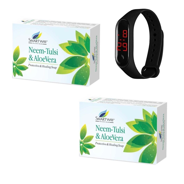 Smartway 2 Pcs Neem-Tulsi & Aloevera Bathing Soap (75 g) with Digital Watch (Black) (Set of 2)