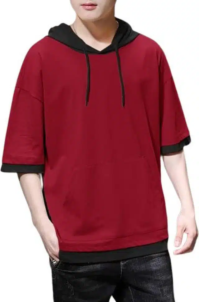 Mens Solid Hooded T-Shirt (Maroon, M) (S-14)