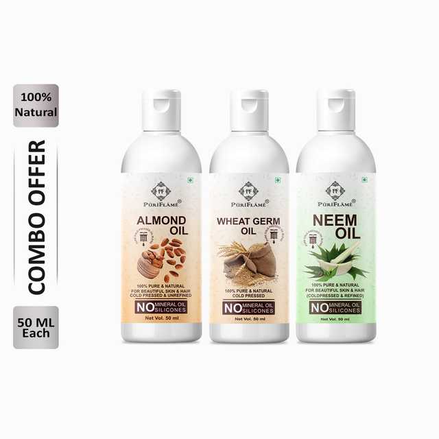 Puriflame Pure Almond Oil (50 ml), Wheat Germ Oil (50 ml) & Neem Oil (50 ml) Combo for Rapid Hair Growth (Pack Of 3) (B-8911)