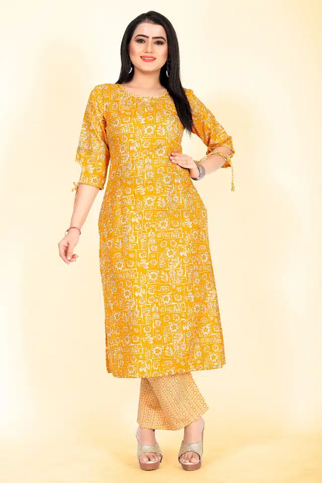 Cotton A-Line Kurti with Pant (Yellow, M)