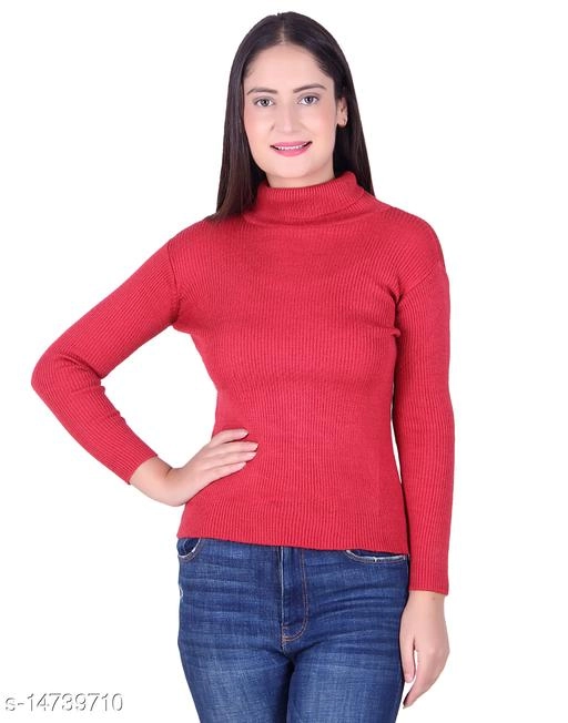 Hi-Neck Sweater for Women (Red, M)