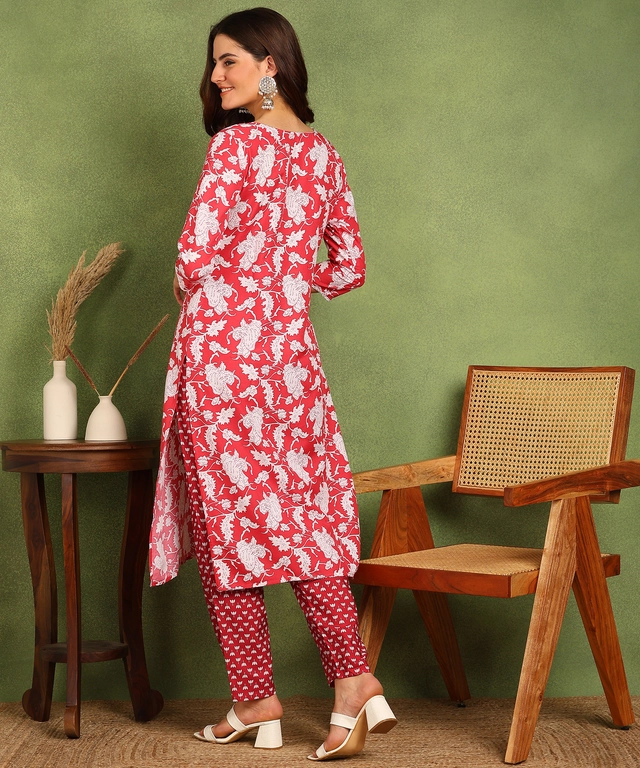 Rayon Printed Kurti with Pant for Women (Pink, S)