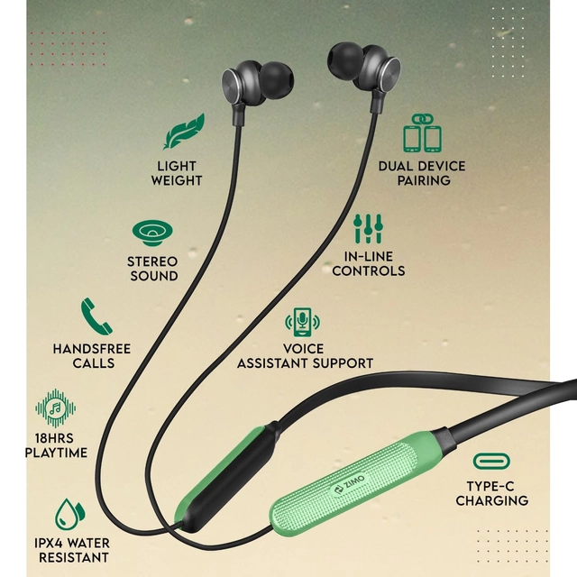 Zimo Wireless Bluetooth in-Ear Neckband with Mic (Green & Black)