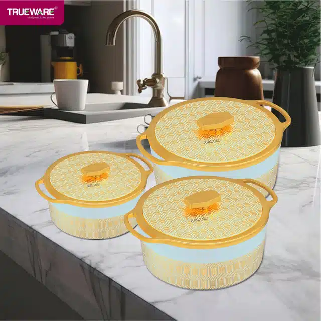 Combo of 750 ml, 1000 ml & 1500 ml Casserole with Lid (Gold & Light Green, Pack of 3)