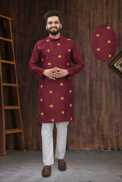 Essential Men's Cotton Full Sleeves Kurta Set (Maroon & White, L) (LDC-10)
