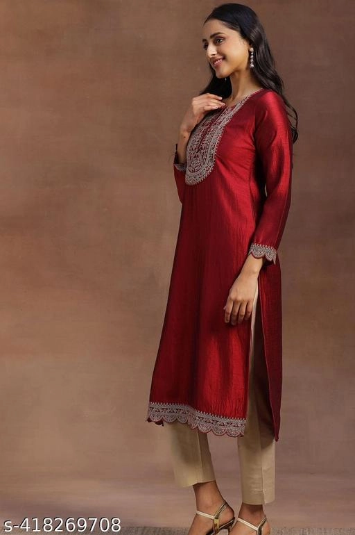 Silk Blend Embroidered Kurti for Women (Maroon, XS)