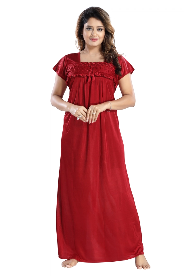 Satin Feeding Nighty for Women (Red, Free Size)