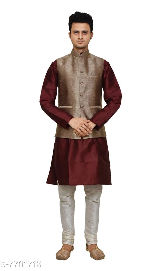 Dupion Silk Solid Kurta with Pyjama & Jacket for Men (Maroon & Brown, S)