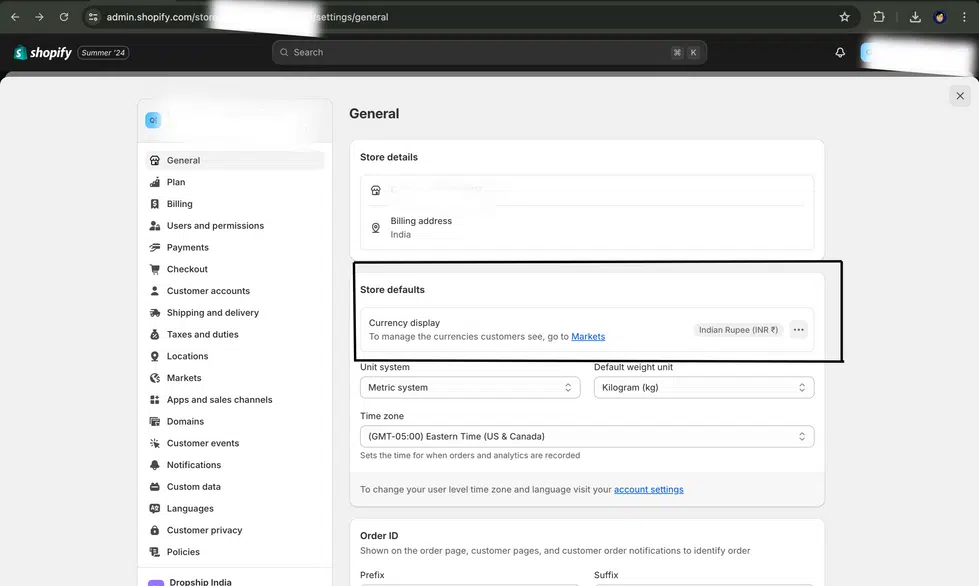 Step 2: Click the three dots next to 'Currency display' under 'Store defaults'.
