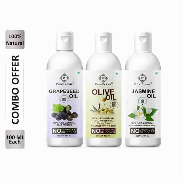 PuriFlame Pure Grapeseed Oil (100 ml) & Olive Oil (100 ml) & Jasmine Oil (100 ml) Combo For Rapid Hair Growth (Pack Of 3) (B-4545)