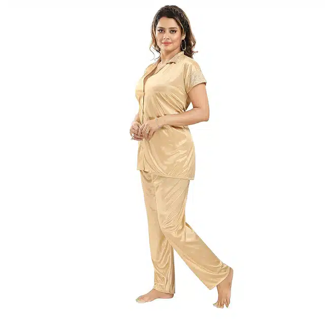 Satin T-Shirt with Trouser Nightsuit Set for Women (Beige, M)