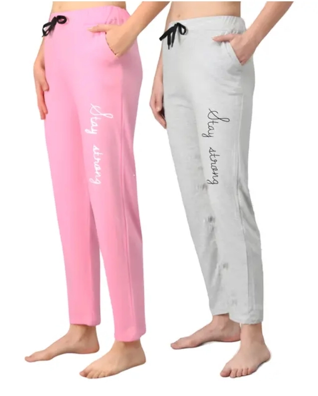 Cotton Solid Trouser for Women (Pink & Grey, S) (Pack of 2)