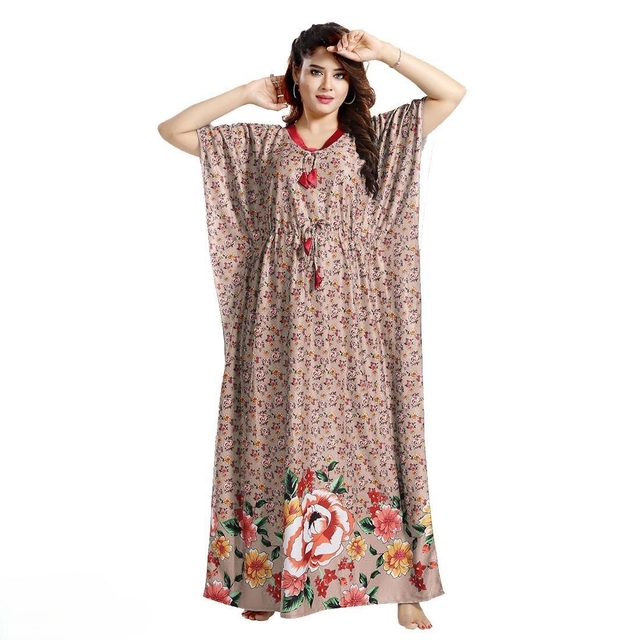 Satin Printed Kaftan for Women (Beige, XL)