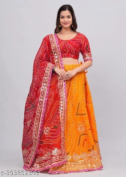 Kota Doriya Bandhani Semi Stitched Lehenga with Choli & Dupatta for Women (Red & Yellow)