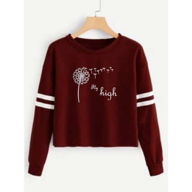 Round Neck Full Sleeves Printed T-Shirt for Women (Maroon, S)