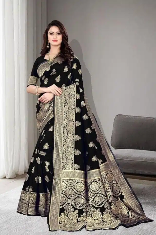 Banarasi Silk Saree For Women (Black, 6.4 M)