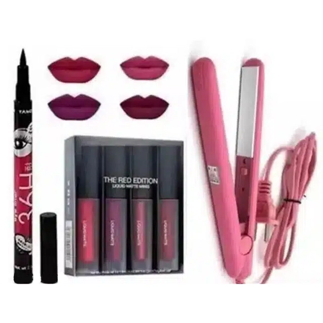 Combo of Huda Red Edition 4 In 1 Lipstick with 36 H Eyeliner & Professional Hair Straightener (Set of 3)