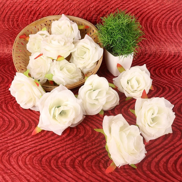 Artificial Rose Flowers Bunches for Diwali Decoration (White, Pack of 12)