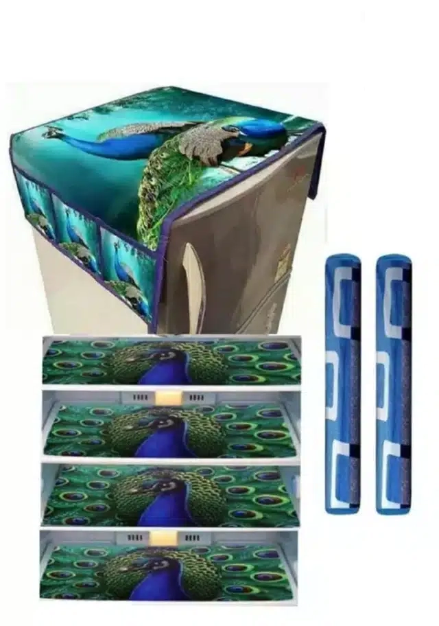 Knit Printed Fridge 4 Pcs Mat with 2 Pcs Handle & Top Cover (Multicolor, Set of 1)