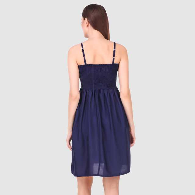 Stylish New Cotton Rayon Blend Women Solid Midi Dress (Dark Blue, L) (ITN-62)