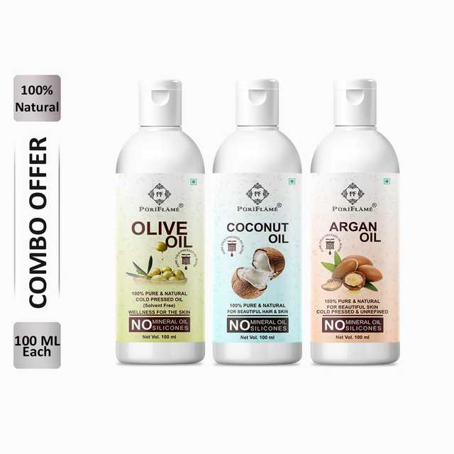PuriFlame Pure Olive Oil (100 ml) & Coconut Oil (100 ml) & Argan Oil (100 ml) Combo For Rapid Hair Growth (Pack Of 3) (B-6139)