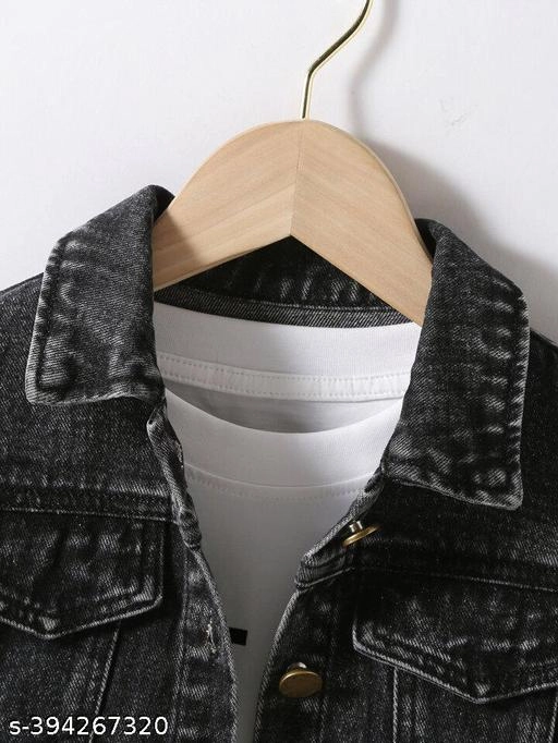 Denim Solid Jacket for Girls (Black, 5-6 Years)