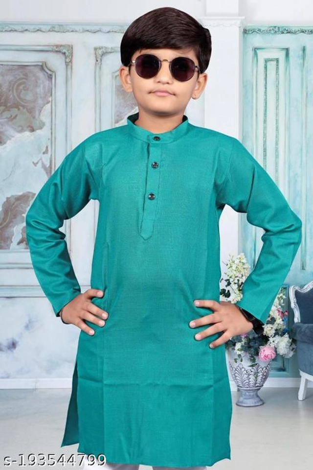 Cotton Blend Kurta Sets for Boys (2-3 Years, Turquoise & White)