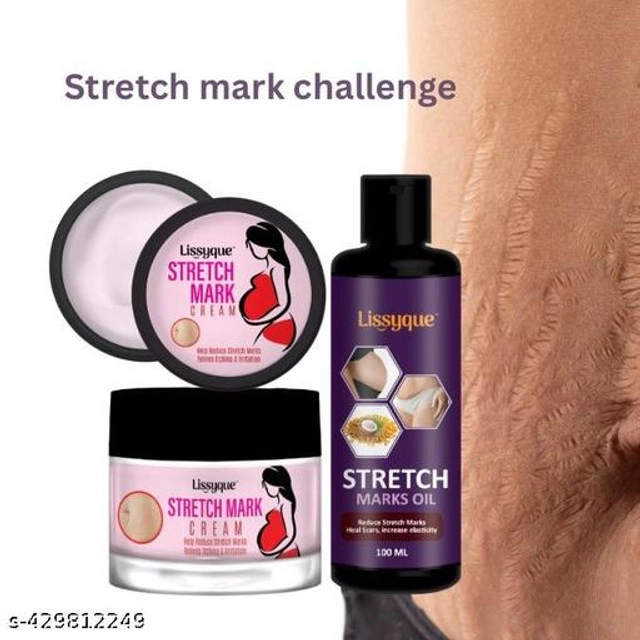  Lissyque Stretch Mark Cream & Stretch Mark Oil for Women for Scars, Stretch Mark, Ageing, Uneven Skin Tone, Firming & Nourishment Stretch mark remove Cream (50 gm) + stretch mark oil (100 ml) combo pack