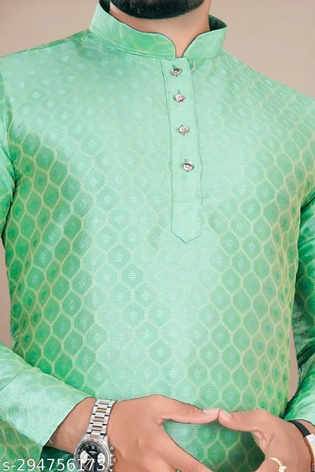 Cotton Blend Printed Kurta with Pyjama for Men (Mint Green & White, S)