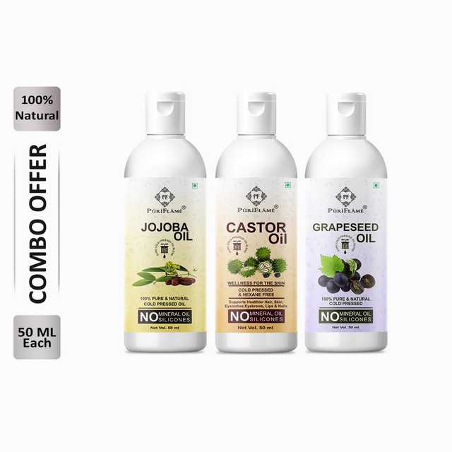 Puriflame Pure Jojoba Oil (50 ml), Castor Oil (50 ml) & Grapeseed Oil (50 ml) Combo for Rapid Hair Growth (Pack of 3) (B-11440)