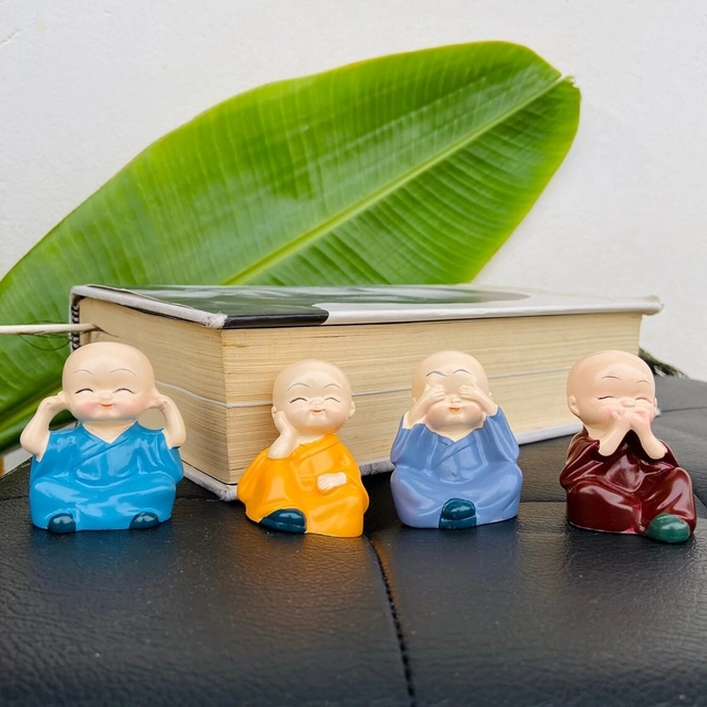 Polyresin Baby Monks Showpiece for Car Dashboard (Multicolor, Pack of 4)