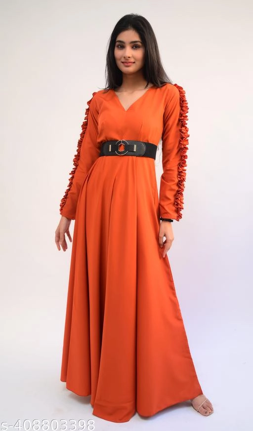 Crepe Solid Gown for Women (Orange, XS)