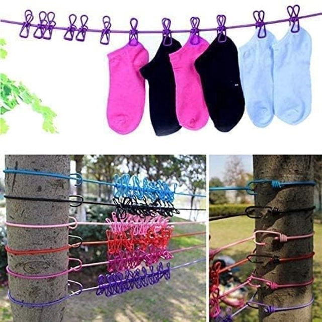 Stretchable Clothesline with 12 Pcs Cloth Pins (Multicolor)