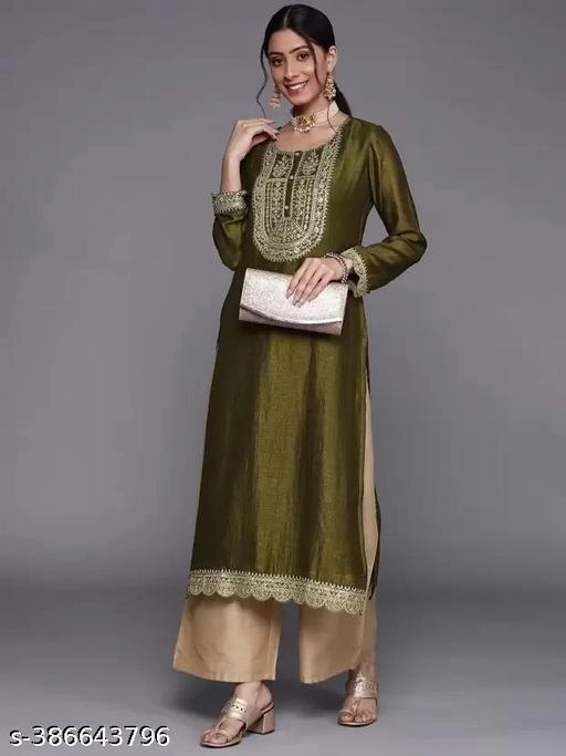 Silk Embroidered Kurti for Women (Olive, XS)