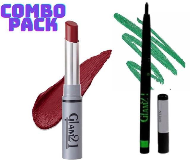 Glam21 Long Lasting Lipstick with Waterproof Kajal (Maroon & Green, Set of 2)