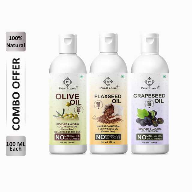 PuriFlame Pure Olive Oil (100 ml) & Flaxseed Oil (100 ml) & Grapeseed Oil (100 ml) Combo For Rapid Hair Growth (Pack Of 3) (B-6163)
