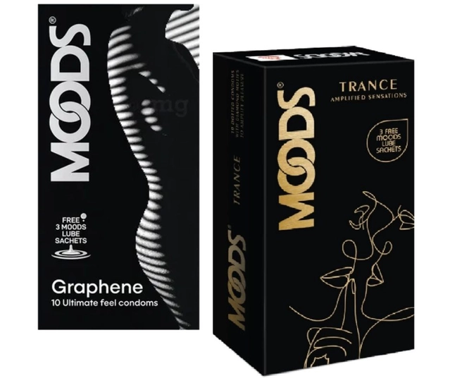 Combo of Moods 10 Pcs Graphene & 10 Pcs Trance Amplified Sensations Condoms with 3 Pcs Free Lube Sachets (Set of 2)