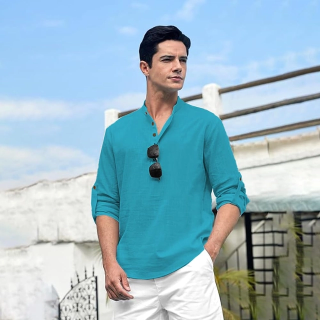 Cotton Solid Kurta for Men (Teal, S)