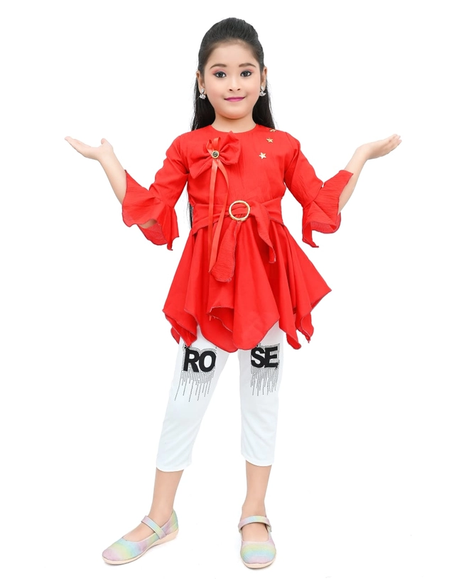 Cotton Blend Solid Cloting Set for Girls (Red & White, 1-2 Years)