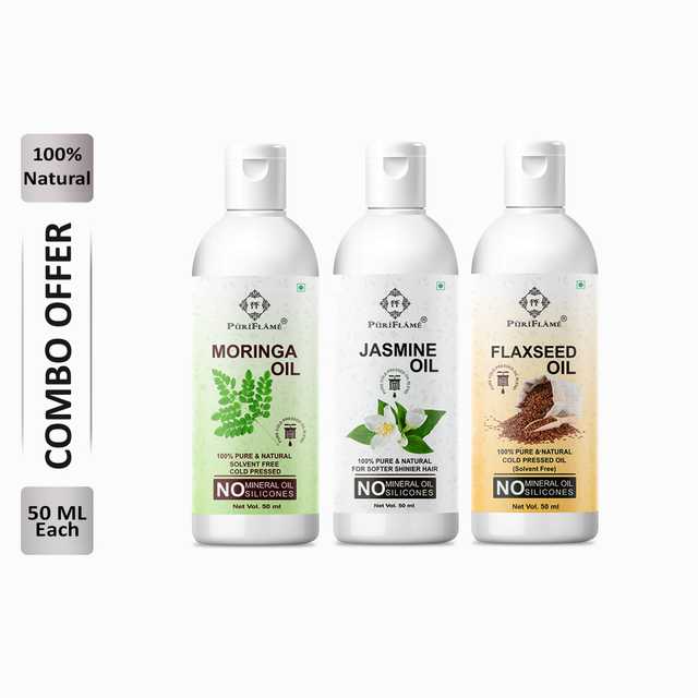 Puriflame Pure Moringa Oil (50 ml), Jasmine Oil (50 ml) & Flaxseed Oil (50 ml) Combo for Rapid Hair Growth (Pack Of 3) (B-11814)