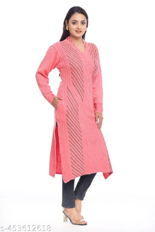 Woolen Printed Kurti for Women (Pink, L)