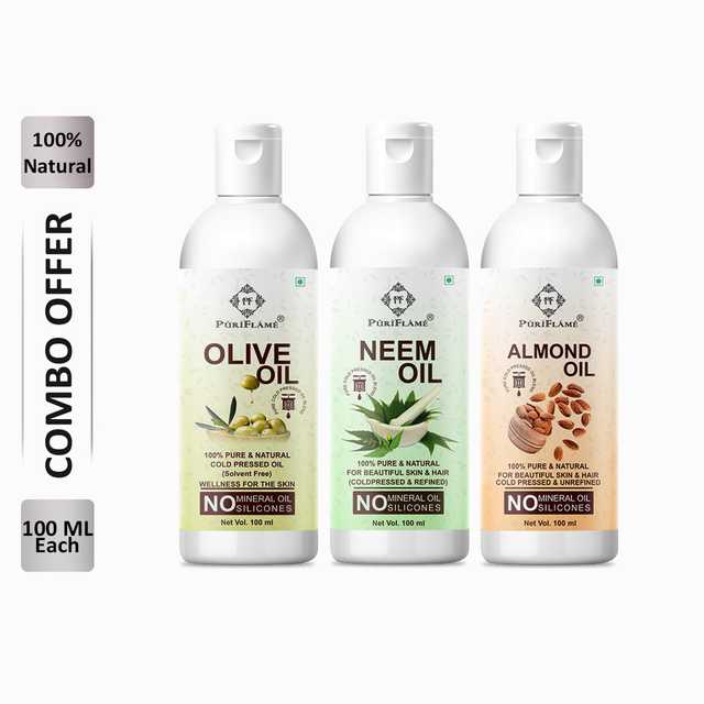 PuriFlame Pure Olive Oil (100 ml) & Neem Oil (100 ml) & Almond Oil (100 ml) Combo For Rapid Hair Growth (Pack Of 3) (B-6246)